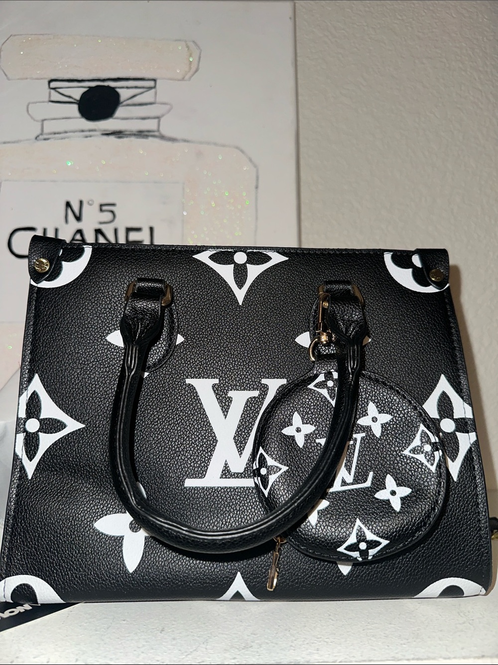 Black & White Monogram Satchel with Coin Pouch